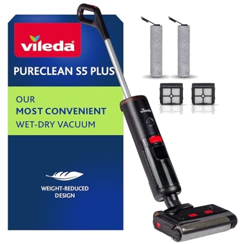 Vileda PureClean S5 Plus | Smarter, Kabelloser Nass- und Trockensauger | 100% Trennung von schmutzigem und sauberem Wasser | Selbstreinigungsfunktion | Mit Zubehör (2 Rollen und 2 Filter)