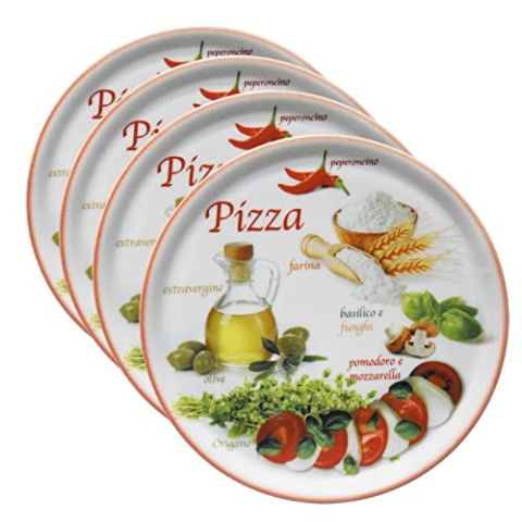 MamboCat 4er Set Pizzateller Napoli Red Ø 32 cm I Servier Platten mit Motiven I Vorspeisenplatten zum Anrichten für Antipasti oder Tomate-Mozzarella I bunte Porzellanteller für Pizza Pasta & Co