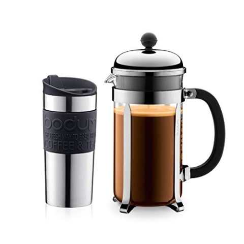 Bodum K11068-01 Set aus Chambord Kaffeebereiter 8 Tassen und Travel Mug Becher, 0,35 l, Edelstahl mit Silikonring, Schwarz, 34 oz