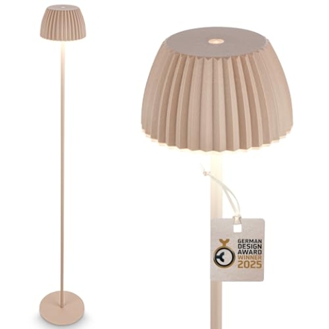 BRILONER - Riffle LED Stehlampe kabellos IP44 mit Touch, 19x124 cm, dimmbar, Memoryfunktion, Akku tauschbar, Akku Stehleuchte, Leselampe, Wohnzimmerlampe, German Design Award Winner 2025, Beige