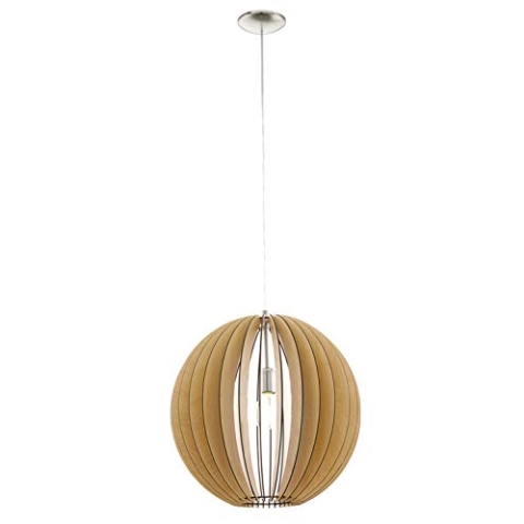 EGLO Pendelleuchte Cossano, 1 flammige Hängelampe Vintage, Hängeleuchte aus Stahl und Holz in Nickel-Matt, Ahorn, Esstischlampe, Wohnzimmerlampe hängend mit E27 Fassung, Ø 50 cm