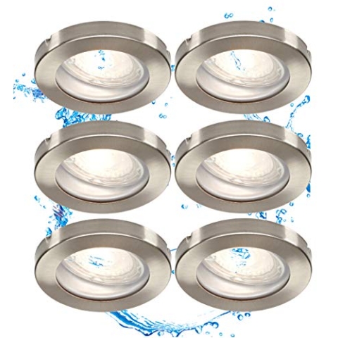 Trango 6er Set 6729IP65-062M6KSD IP65 LED Einbaustrahler aus Edelstahl gebürstet incl. 6x 6000K Tageslicht Weiß (kaltweiß) dimmbar Ultra Flach LED Modul für Bad, Dusche, Deckenstrahler, Deckenlampe