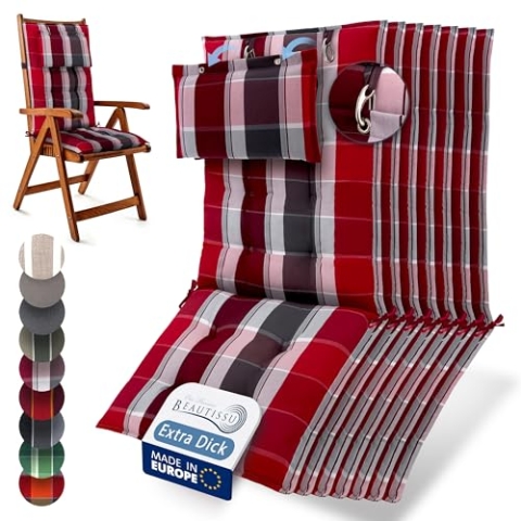 Beautissu 7er Set Premium Hochlehner Auflage Kopfpolster 120x50cm Sun-HL – 8cm Dick Polster Gartenstuhlauflage rutschfest Befestigungsbänder UV-Lichtechtheit 5 – Robust Stoff Rot Anthrazit gestreift