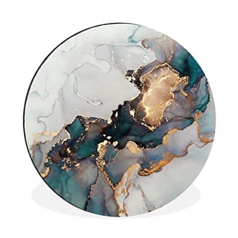 Wandbild Rund Wanddeko Deko Wohnzimmer Bilder 90x90 cm Blau - Marmor - Gold