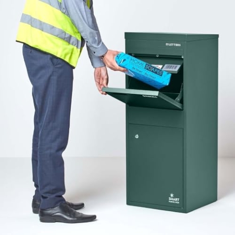 SMART PARCEL BOX Paketbox draußen, Standbriefkasten mit Paketfach, Paketbriefkasten XXL, große Postbox für Pakete outdoor, Paketkasten Entnahme hinten & vorne, rostfrei, verzinkter Stahl, grün