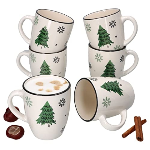 MamboCat Weihnachtsbaum 6er Set Kaffeebecher I 300 ml I 6 Personen I Becher für Weihnachten mit Tannenbaum & Schneeflocken I Steingut-Tasse für Glühwein, Punsch, Feuerzangenbowle I Mug, X-Mas