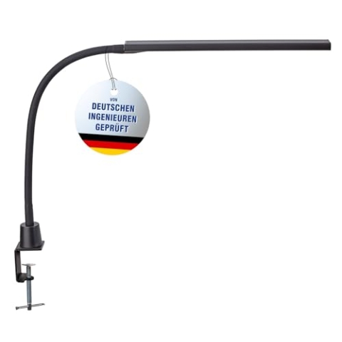 Maul LED Tischleuchte MAULpirro | dimmbare Klemmleuchte für Schreibtisch und Arbeitsplatz | Arbeitsplatzleuchte mit 4-Stufen-Dimmer | Schreibtischlampe mit 3000K Farbtemperatur | Schwarz