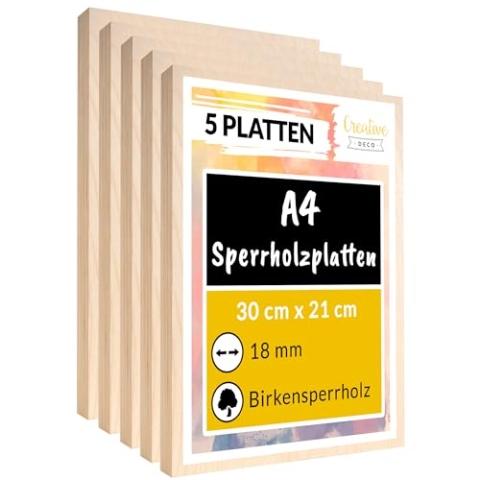 Creative Deco 5 x A4 Sperrholzplatte 18mm | 300 x 210 (+/- 2) mm | Birkensperrholz Dünne Holz-Zuschnitte | Perfektes Blatt für Laubsäge, Brandmalerei, Laserschnitt, CNC Router