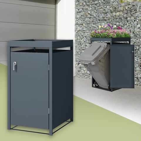ML-Design Mülltonnenbox 1er mit Pflanzdach für 1 Mülltonne, 240L 68x80x124 cm, Anthrazit, Stahl, wetterfest, Abschließbare Mülltonnenverkleidung mit Tür, Müllbox Mülltonnecontainer Mülltonnenabdeckung