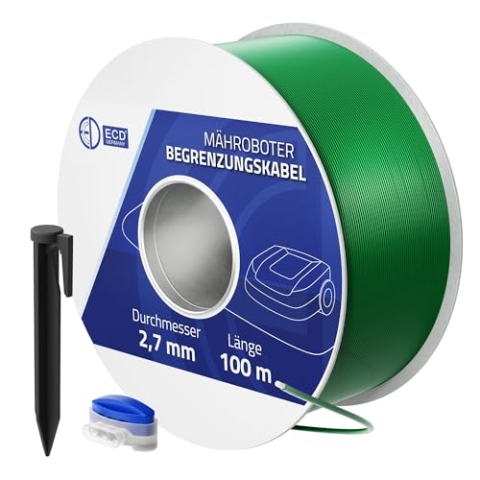 ECD Germany 100m Universal Begrenzungskabel für Mähroboter + 350 Erdnägel, 12 Kabelverbinder, Kupfer verzinnt, Begrenzungsdraht für Rasenmäher Rasenroboter, Kompatibel mit Gardena Bosch Husqvarna Worx