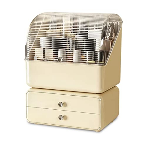 Galatée 180°Drehbar Tragbare Make Up Organizer Kosmetikbox Kosmetische Aufbewahrungs Box Mit Staubdichtem Deckel, Schublade Kosmetik Beauty Organizer Mit 2 Schubladen - Gelb A+B