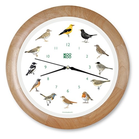 KOOKOO Singvögel Quarzwerk Holz, Die Singende Vogeluhr, runde Wanduhr mit natürlichen Vogelstimmen