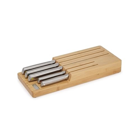 Joseph Joseph Elevate Küchenmesser 5-teilig, Japanische Edelstahl Scharfe Messerset mit Bambus Messerblock Schubladenorganisator, mit Kochmesser, Schälmesser