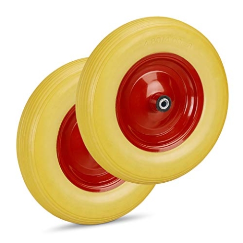 Relaxdays 2 x Schubkarrenrad 4.80 4.00-8, Vollgummirad & Stahlfelge, je 3 Adapter, Ersatzrad pannensicher, 100 kg, gelb-rot
