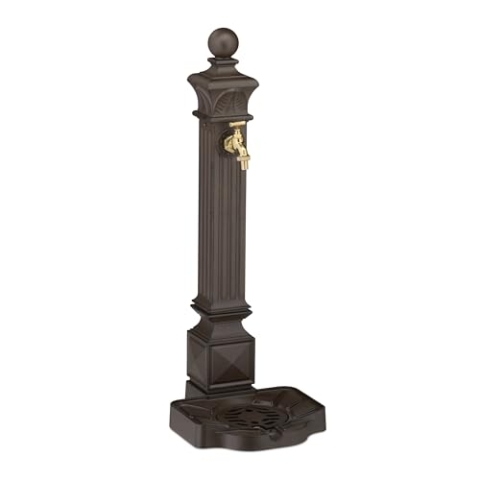 Relaxdays Standbrunnen antik, mit Wasserhahn & Becken, HxBxT: 82 x 29 x 33 cm, Wasserzapfsäule Garten, Terrasse, braun