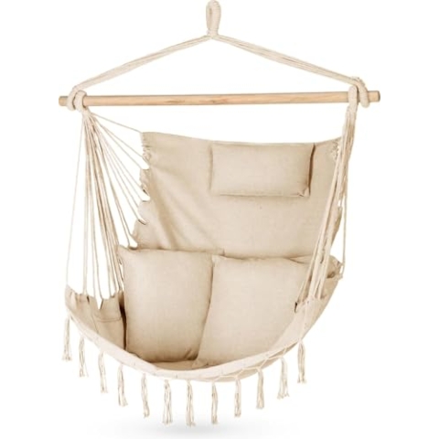 Outtec Hängesessel 100x130x75cm – bis 150 kg - Outdoor Sessel mit Kissen - Sitzsack zum Hängen Schaukel Für Garten und Zimmer – Boho – Fransen Brasilianischer Stuhl - Beige