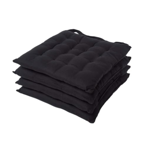 Homescapes 4er Set Stuhlkissen 40 x 40 cm, schwarz, Sitzkissen mit Bändern und Knopfverschluss, einfarbige Auflagen für Stühle mit Bezug aus 100% Baumwolle und weicher Polyester-Füllung
