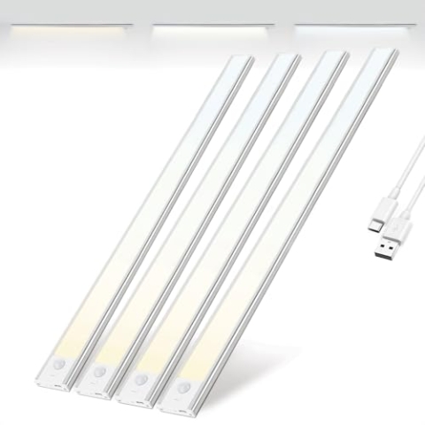 Brendz Unterbauleuchte Küche LED, LED Leiste Küche, 4 x 60cm, USB-C Wiederaufladbar, 4400mAh, 3 Farbtemperaturen, Dimmbar, Magnetisch, Küchenunterbauleuchte, Küchenbeleuchtung, Puyo Silber