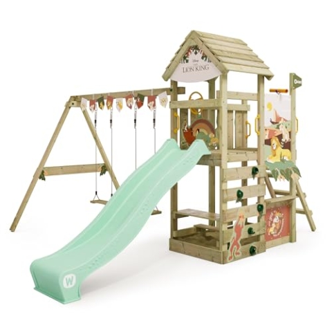 Disney's Der König der Löwen Adventure Spielturm von Wickey - Klettergerüst, Kletterturm, Gartenspielgerät für Kinder - Outdoor Garten Spielplatz aus Holz mit Sandkasten