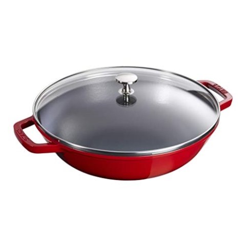 STAUB Wok aus Gusseisen, Innen emailliert, 30 cm, inkl. Glasdeckel, für alle Herdarten inkl. Induktion, Kirschrot