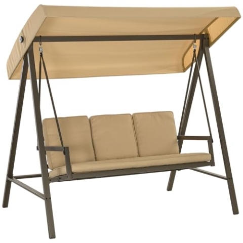 Outsunny Hollywoodschaukel 3-Sitzer Schaukelbank mit Verstellbarem Dach, Schwingbank mit Rückenkissen, Gartenschaukel bis 360 kg Belastbar, Beige, 200 x 125 x 175 cm