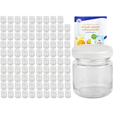 MamboCat 100er Set Rundgläser 53 ml Deckelfarbe weiß TO 43 inkl. Diamant Gelierzauber Rezeptheft, Einmachgläser, Einkochgläser, Vorratsgläser, Mini Sturzgläser, Obstgläser, Portionsgläser, Gläser