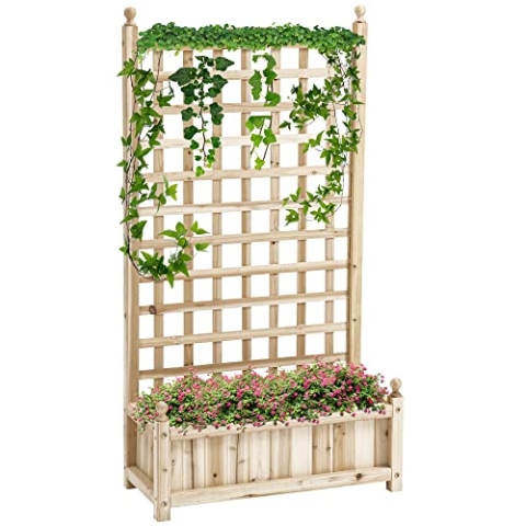 Outsunny Hochbeet Pflanzkasten mit Rankgitter Blumenkasten Rankkasten Rosenbogen mit Rankhilfe für Kletterpflanzen Garten Holz Natur 64 x 28 x 120 cm