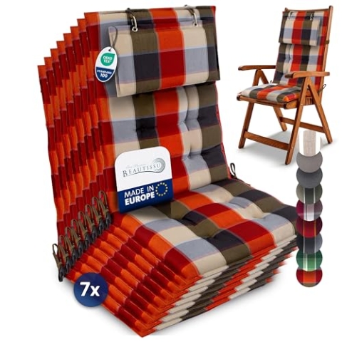 Beautissu 8er Set Premium Hochlehner Auflage Kopfpolster 120x50cm Sun-HL – 8cm Dick Polster Gartenstuhlauflage rutschfest Befestigungsbänder UV-Lichtechtheit 5 – Robust Stoff Orange Beige kariert