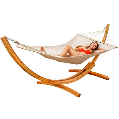 AMANKA XXL Hängematte mit Gestell - 325 cm Hängemattengestell Outdoor Holz - Beige Stabhängematte - für 2 - Ständer Zwei Personen