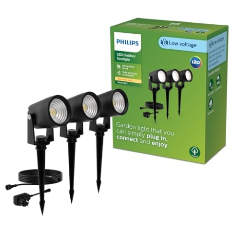 Philips Reuel Outdoor GardenLink Niedervolt-Spot, 24 V, 2700 K warmweißes Licht, 180 lm, Schwarz, Starter-Set, 3er Pack, EU-Stecker
