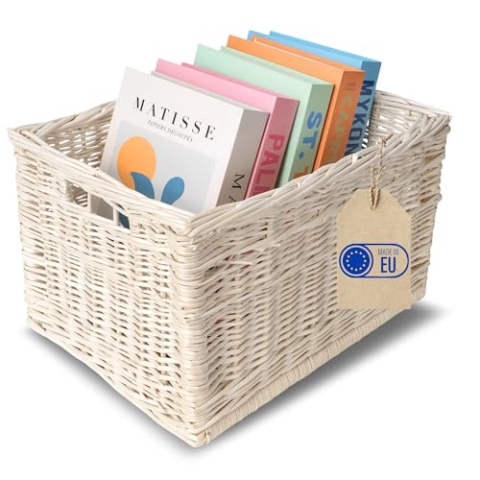 Creative Home Großer Weidenkorb Weiß Aufbewahrungskorb 40 x 30 x 24 cm | Handgeflochten, Haltbar | Korb Geflochten Naturkorb mit Griffen Aufbewahrung | Für Regal, Spielzeug, Werkzeuge, Bad Korb