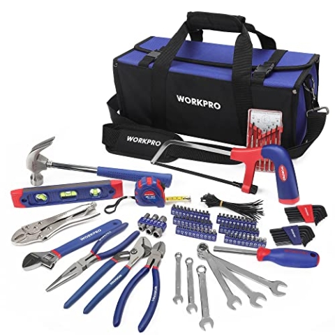 WORKPRO Universal Werkzeugset Haushalt 156-teilig inkl. Werkzeugtasche mit weiter Öffnung für Home Reparatur und Heimwerker, mit Zange Schlüssel Bits Wasserwaage Messer Maßband Hammer usw.