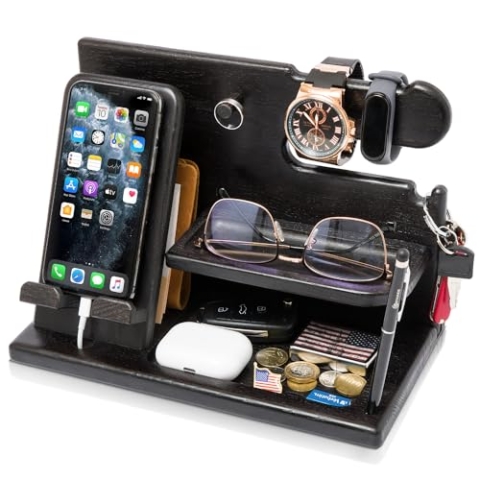 TESLYAR Männer Docking Station & Schreibtisch Organizer Holz mit Handyständer Schwarz für Büro Aufbewahrung & Organisation/Geschenke aus Holz für Männer/Herren Geschenke zu Weihnachten Geburtstag