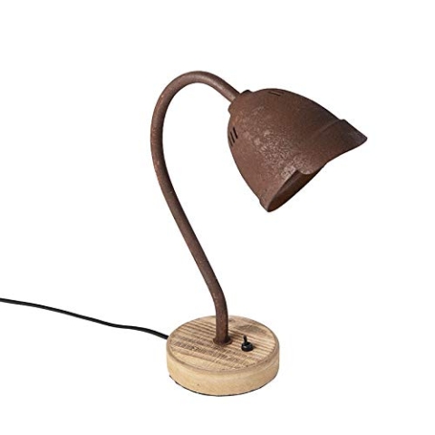 Qazqa - Landhaus I Vintage Rustikale Nachttischlampe | Tischleuchte I Tischlampe I Lampe I Leuchte Rostbraun mit Holzfuß - Rax I Wohnzimmer I Schlafzimmer - Stahl Rund - LED geeignet GU10