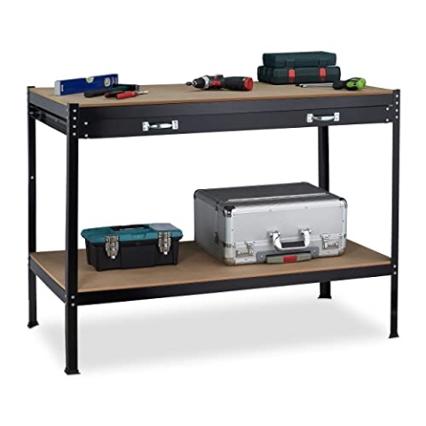 Relaxdays Werkbank mit Schublade, 2 Ebenen, Werkstatt & Garage, Stahl & MDF, Werktisch, HBT 90,5 x 121 x 63,5cm, schwarz
