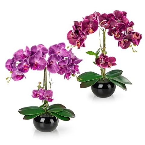 PASCH® 2er Set Künstliche Orchideen in Hochglanz-Keramiktöpfen (40cm) | Kunstblumen Wie Echt | Künstliche Blumen im Topf (Purpur-Lila/Schwarz)
