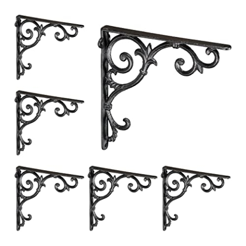 6 x Regalwinkel antik, Regalträger Gusseisen, Barocke Ornamente, Winkel für Regale, Vintage, Regalhalterung, schwarz