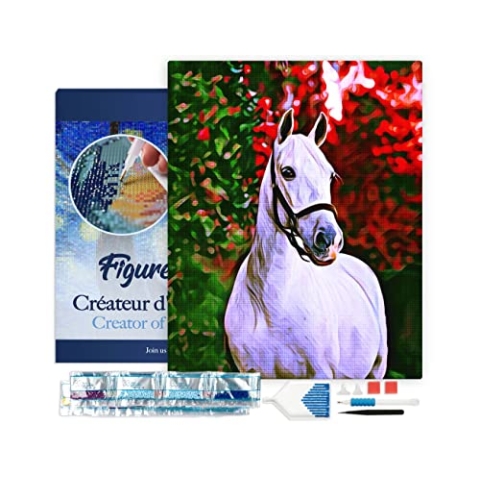 Figured'Art Diamond Painting Erwachsene 40x50cm Mit Rahmen Ganze Leinwand gespannt Weißes Pferd 5D Bilder Eckige Steine - DIY Set Basteln