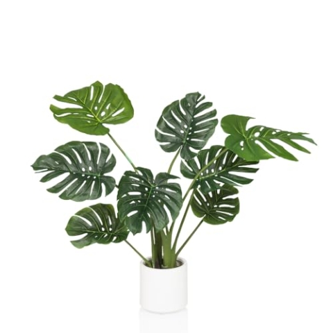 hjh OFFICE Kunstpflanze 90cm Monstera I Künstliche Deko Pflanze im weißen Topf, Tropischer Kunstbaum für Zuhause Büro, 8 Blätter