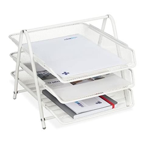 Relaxdays 3X Dokumentenablage, Metall, 3 Etagen, Gitter-Design, Büro, A4, Briefablage, HxBxT 26,5 x 29,5 x 35,5 cm, Weiß