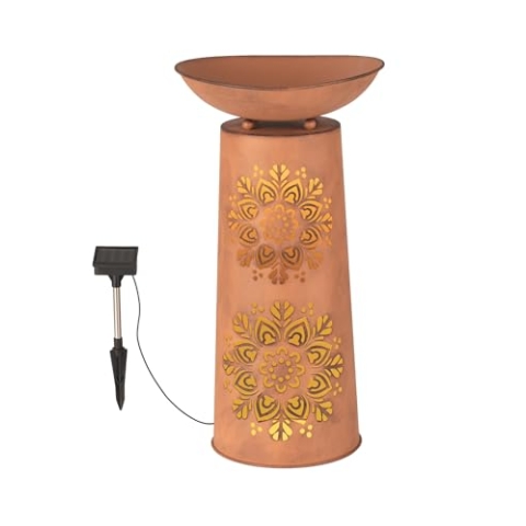 EASYmaxx Deko-Säule im Mandala-Design | Mit LED Solar-Beleuchtung + Abnehmbarer Pflanzschale in Rostoptik | In- & Outdoor geeignet | Für den Garten, Balkon, Terrasse usw.