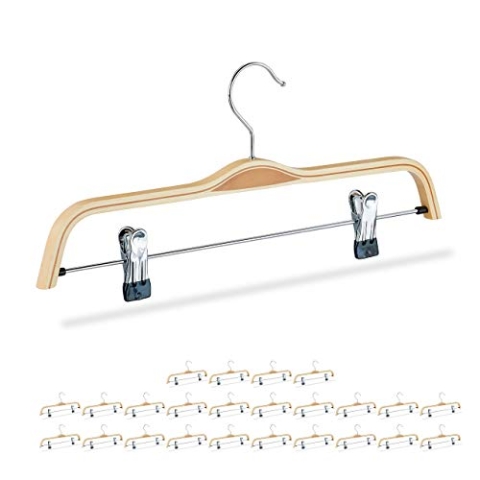 Relaxdays 25 x Hosenbügel Holz, verstellbare & gummierte Clips, 360° drehbarer Haken, Kleiderbügel, 37cm breit, Klemmbügel, Natur