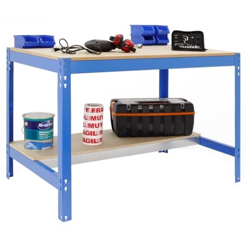 SimonRack Werkbank 400 kg Belastbarkeit, 84,2x91x61 cm, Große Arbeitsfläche Arbeitsfläche, Arbeitstisch, Holz-Arbeitsplatte, Blau/Holz - BT0