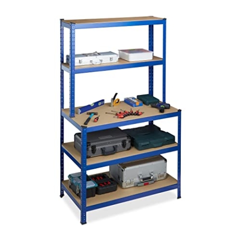 relaxdays 2 x Schwerlastregal, mit Werkbank, Traglast 900 kg, 5 Ebenen, zum Stecken, Keller, HxBxT 180x100x60 cm, Stahl, MDF, blau