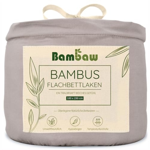 Silber Betttuch ohne Gummi aus Bambus | Kühlendes 180x290 cm Baumwollbettlaken | Allergiker Bettwäsche | Angenehme Bettlaken für den Sommer | Bambus ohne Gummizug | Graues Bettlaken | Bambaw