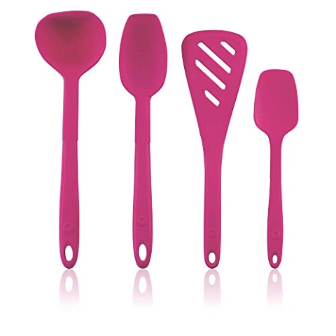 Kochblume Küchenhelfer-Set - Designwender S & Soßenlöffel S & Schöpfkelle S & Flexlöffel S 4er Set | Premium-Silikon | Hitzbeständig | Spülmaschinenfest | Farbe: pink