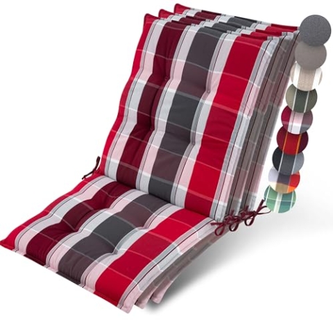 Beautissu 3er Set Premium Niedriglehner Auflage Gartenstuhl 100x50cm Sun-NL – 8cm Dick Polster Gartenstuhlauflage rutschfest Befestigungsbänder UV-Lichtechtheit 5 – Robust Rot-Anthrazit Gestreift