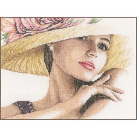 Lanarte Kreuzstich Stickpackungen Gezählter Kreuzstichbilder Set DAME MIT HUT Wanddekoration Handarbeit Set für Erwachsene 36 x 28 cm DIY Deko Bastelset Handwerker Kreative Geschenkset
