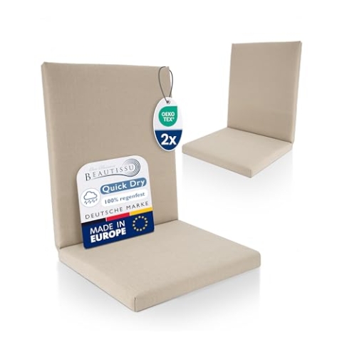 Beautissu 2er Set Premium Niedriglehner Auflage 100% Wasserdicht 100x50cm – UV-beständig Bequem Pflegeleicht Waschbar Sitzkissen Gartenstuhl – Polsterauflage Gartenmöbel Stuhlauflage Beige