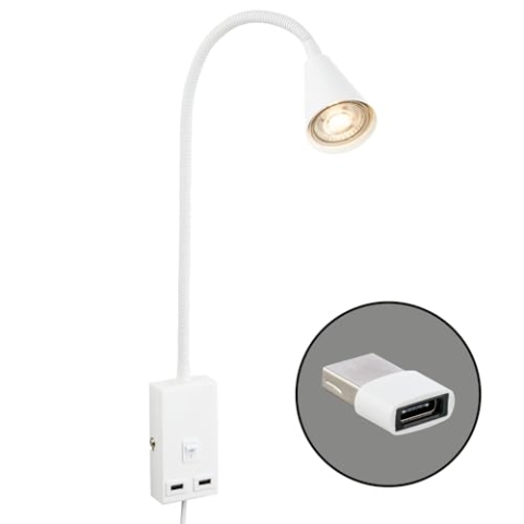 BRILONER - Leselampe mit USB Port, Ein/Aus-Schalter, schwenkbar, Stecker, Wandleuchte Innen, Wandlampe, Bettlampe, Lampe Bett, Leselicht, Nachttischlampe, 50 cm hoch, Weiß